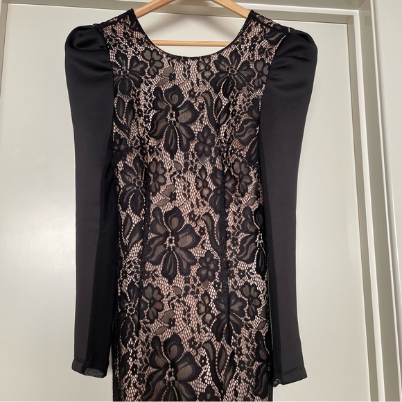 NWOT Lace Bodycon Mini Dress -Elegant Puff shoulders, sheer long sleeves🖤🤍 - Picture 2 of 5